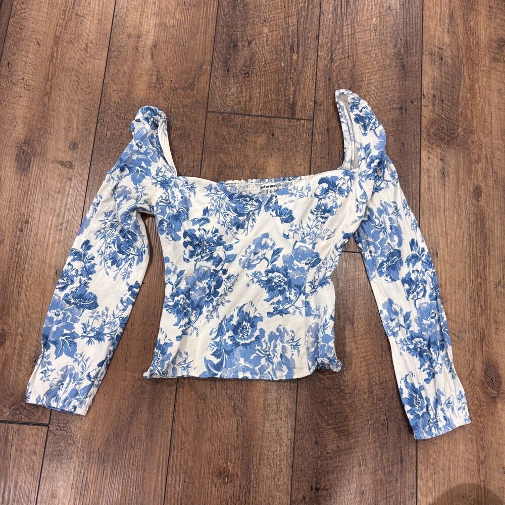 Reformation Reign Top Blue Floral Pattern Sz 6 Sweetheart Cottagecore Coquette - Picture 4 of 9